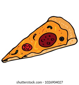 A slice of delicious pizza. Pizza with sausage. Vector illustration.