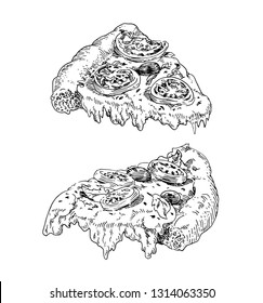 Slice of delicious pizza with with tomato, olives, basil, flowing cheese, piece of yummy pizza, fast food, hand drawn illustration, black and white, hand drawing sketch, sketchy style, isolated