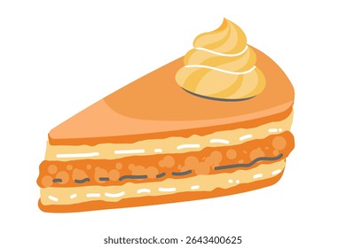 A slice of delicious pumpkin cake with creamy frosting, and a smooth filling, perfect for fall baking or dessert designs. Vector illustration