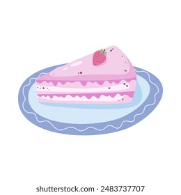 Una rebanada de delicioso pastel de fresa en un plato. Ilustración vectorial.