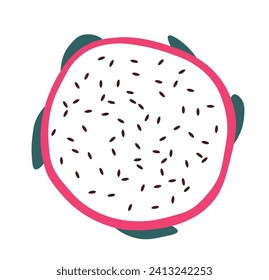 Slice of dragon fruit dotted with small seeds, pitahaya or pitaya. Healthy addition to nutrition full of antioxidants and nutrients. Nutritious snack or refreshing dessert. Vector in flat style