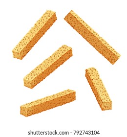 Slice of dry white bread on a white background. Croutons set.