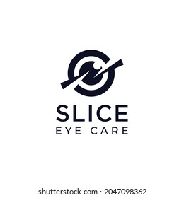 slice eye care logo, dynamic eyeball style with simple slice vector