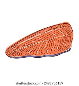 Slice fillet of salmon in flat style. Fresh piece fish product. Design for seafood restaurant menu. Vector illustration isolated on a white background.