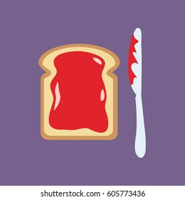 Slice of flat design clean bread or toast with a red modern sweet flavored strawberry, cherry or raspberry red Jam isolated. Knife & spreading slice of tasty & delicious pastry vector illustration. 