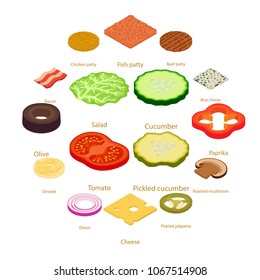Slice food icons set. Isometric illustration of 16 slice food vector icons for web