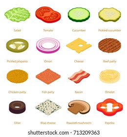 Slice food icons set. Isometric illustration of 16 slice food vector icons for web