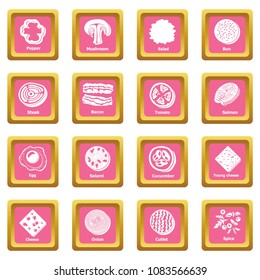 Slice food icons set vector pink square isolated on white background 