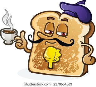 Slice of French toast cartoon character wearing a beret and drinking a cup of piping hot French roast coffee