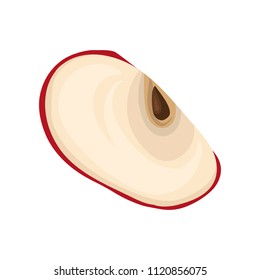 Slice of fresh apple with red peel and small brown bone. Sweet and tasty fruit. Flat vector element for product packaging
