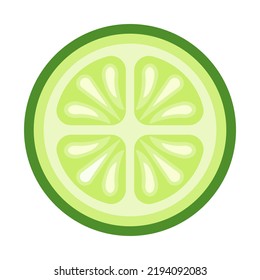 Slice of fresh cucumber with seeds in flat style. Vector illustration isolated on white background.