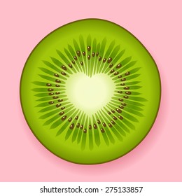 Slice of fresh green tropical kiwifruit with a heart shaped open center with copy space for your Valentines or anniversary greeting on a pink background depicting love, vector illustration