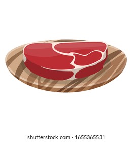 Slice of fresh meat on a wooden plate. Meat pulp, filet, hemoglobin. Illustration on a white background.