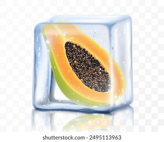 Rebanada de papaya fresca madura en cubo de hielo aislado sobre fondo transparente Papaya de fruta tropical congelada. Ilustración vectorial 3d realista. Diseño de verano brillante