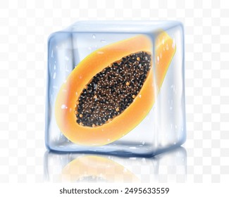 Rebanada de papaya madura fresca en cubo de hielo aislado sobre fondo transparente Papaya de fruta tropical congelada. Ilustración vectorial realista en 3D. Brillante diseño de verano