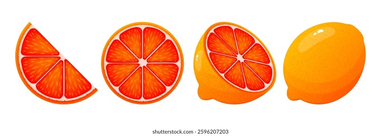 Slice fruit grapefruit. Fresh red cut citrus icons. Organic fruits for lemonade juice or vitamin C healthy food. Vector illustration.