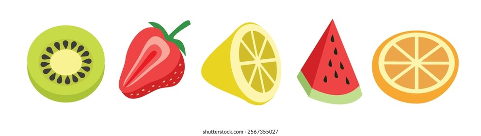 Slice fruit. Half fruit. Kiwi. Strawberry. Lemon. Watermelon. Orange. Healthy food. Fresh fruit. Sliced fruit. 