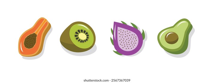 Slice of fruit including papaya, kiwi, dragon fruit, avocado.