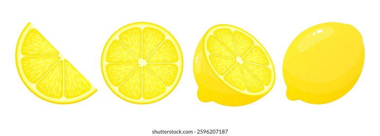 Slice fruit lemon. Fresh yellow cut citrus icons. Organic fruits for lemonade juice or vitamin C healthy food. Vector illustration.
