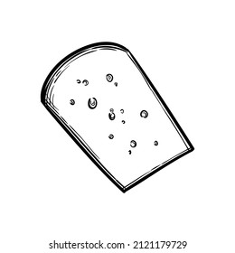 Slice of Gouda cheese. Ink sketch isolated on white background. Hand drawn vector illustration. Vintage style stroke drawing.