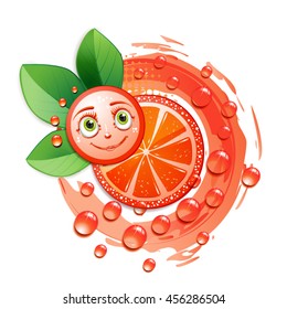 Slice of grapefruit with leafs and a smiley face