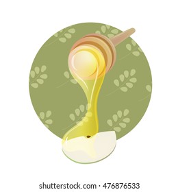 A slice of green apple and honey dipper (for greeting card design). Honey on apple. Vector illustration isolated on white background. For Rosh Hashanah 