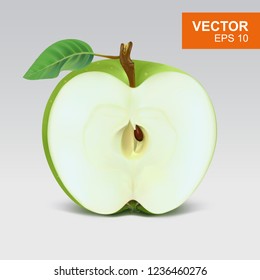 Slice of green apple realistic 3D illustration, design element. Half of apple with leaf on isolated background 