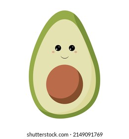 Vocado verde rebanado con ojos kawaii ilustración vectorial de carácter plano	