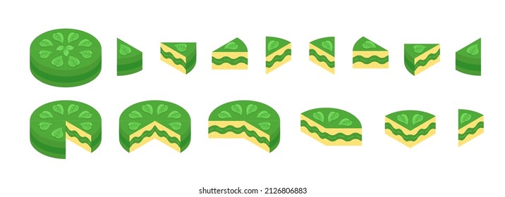 Slice of green pie. Pieces cake infographics set. The whole cake and its parts.