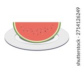 Slice or half of red watermelon on plate Summer red fruit illustration