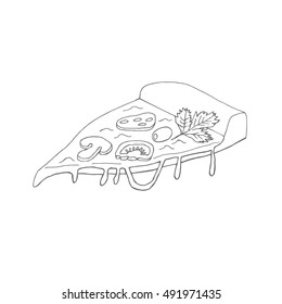 A slice of hand-drawn appetizing pizza. Doodle vector illustration of pizza for design of cafe, restaurant, menu. Wrapping ideas, advertising, etc.