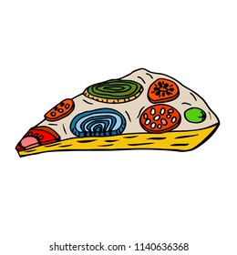 Slice of hand-drawn appetizing pizza sketch, piece. Isolatad on white