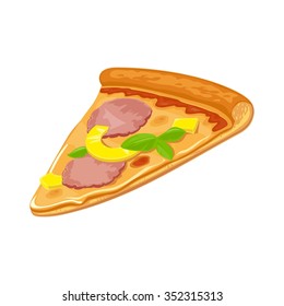 Slice of Hawaiian pizza. Vector flat illustration isolated on white background. Hand drawn design element for label and poster