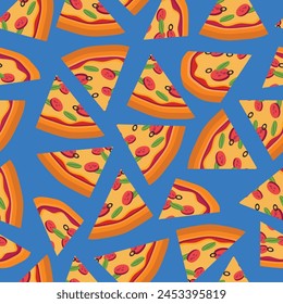 Slice of Heaven: Pizza Party on Vibrant Blue Background Seamless Pattern - Ideal for Creative Food Lovers