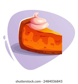 Una rebanada casera al horno de pastel de calabaza con crema. Dulce postre de otoño. Ilustración vectorial de dibujos animados.