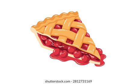 Slice of homemade cherry pie with lattice crust and sweet red berry filling dripping on white background.