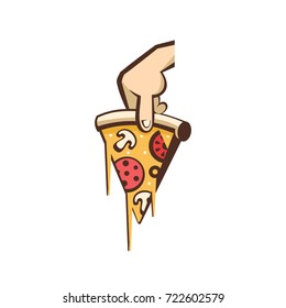 A slice of hot pizza with mushrooms, sausage, tomatoes and cheese in hand. Vector logo pizza. 