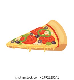 Una rebanada de pizza caliente con tomates, pimientos, setas y aceitunas. Vector, fondo blanco.
