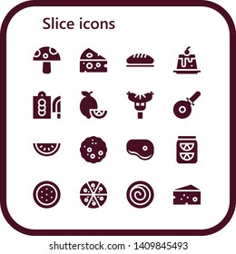 slice icon set. 16 filled slice icons.  Collection Of - Mushroom, Cheese, Bread, Creme caramel, Cutting board, Lemons, Sausage, Pizza cutter, Watermelon, Steak, Lemonade, Pizza