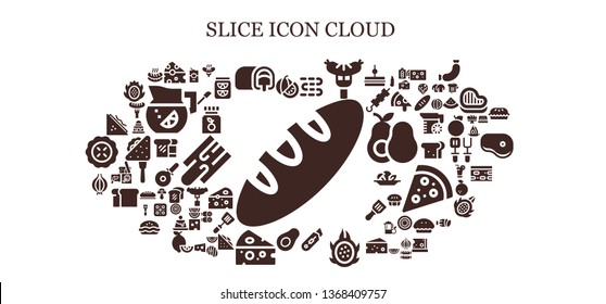 slice icon set. 93 filled slice icons.  Collection Of - Bread, Watermelon, Cheese, Snack cake, Sausages, Sausage, Cutter, Dragon fruit, Avocado, Onion, Sandwich, Tomato sauce