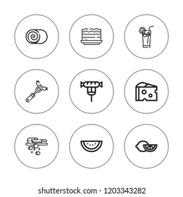 Slice icon set. collection of 9 outline slice icons with brownie, cinnamon roll, cheese, cutting board, lemon, lemonade, sausage icons. editable icons.