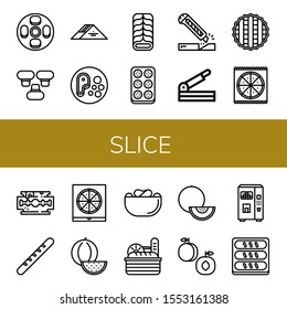 slice icon set. Collection of Cheesecake, Mushroom, Sandwich, Steak, Cake, Meatball, Cutter, Paper cutter, Pie, Pizza, Razor blade, Baguette, Pizza box, Watermelon, Crisps icons