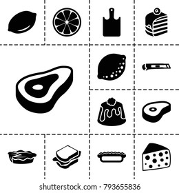 Slice icons. set of 13 editable filled slice icons such as beef, lemon, piece of cake, sandwich, pie, cutter, chopping board