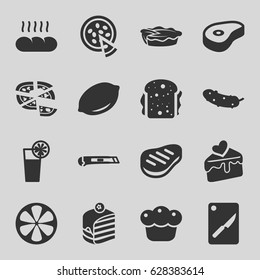 Slice icons set. set of 16 slice filled icons such as lemon, piece of cake, pizza, cucumber, sandwich, pie, beef, cake slice, cutter, cocktail, bread