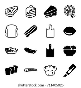 Slice icons set. set of 16 slice filled and outline icons such as cutter, sandwich, cucumber, lemon, food, bacon, bread, chopping board, beef, piece of cake, pie