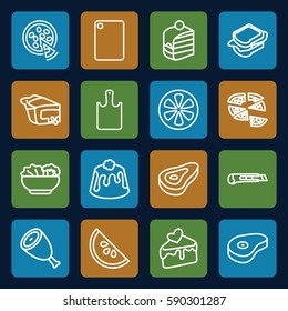 slice icons set. Set of 16 slice outline icons such as beef, piece of cake, pizza, sandwich, pie, lemon, cake slice, cutter, food, chopping board and knife, chopping board