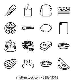 Slice icons set. set of 16 slice outline icons such as cutter, pizza, sandwich, pie, lemon, beef, bread, chopping board and knife, chopping board, watermelon