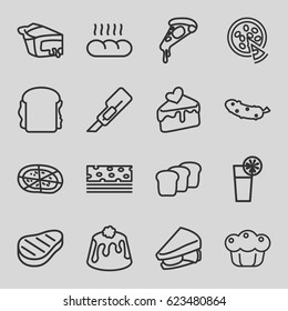Slice icons set. set of 16 slice outline icons such as cutter, pizza, sandwich, cucumber, pie, cake slice, cocktail, beef, bread