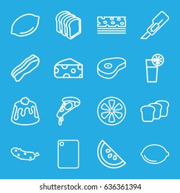 Slice icons set. set of 16 slice outline icons such as cheese, lemon, cutter, pizza, cucumber, bread slices, pie, beef, cocktail, bacon, bread, chopping board and knife