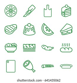 Slice icons set. set of 16 slice outline icons such as beef, cutter, piece of cake, sandwich, cucumber, pie, lemon, food, bread, chopping board and knife, chopping board